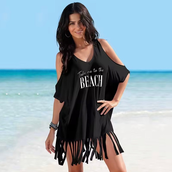 Other - Black Cold-Shoulder Fringe Beach Cover-Up - Take Me to the Beach